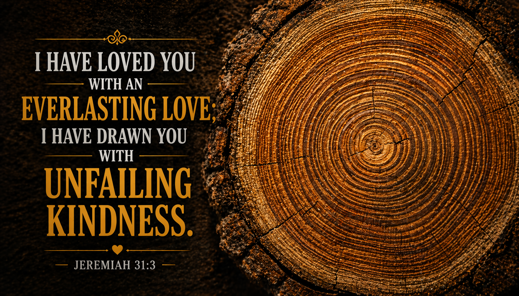 Jeremiah 31:3 Bible verse wallpaper ancient tree rings cross-section amber golden everlasting love unfailing kindness bold text